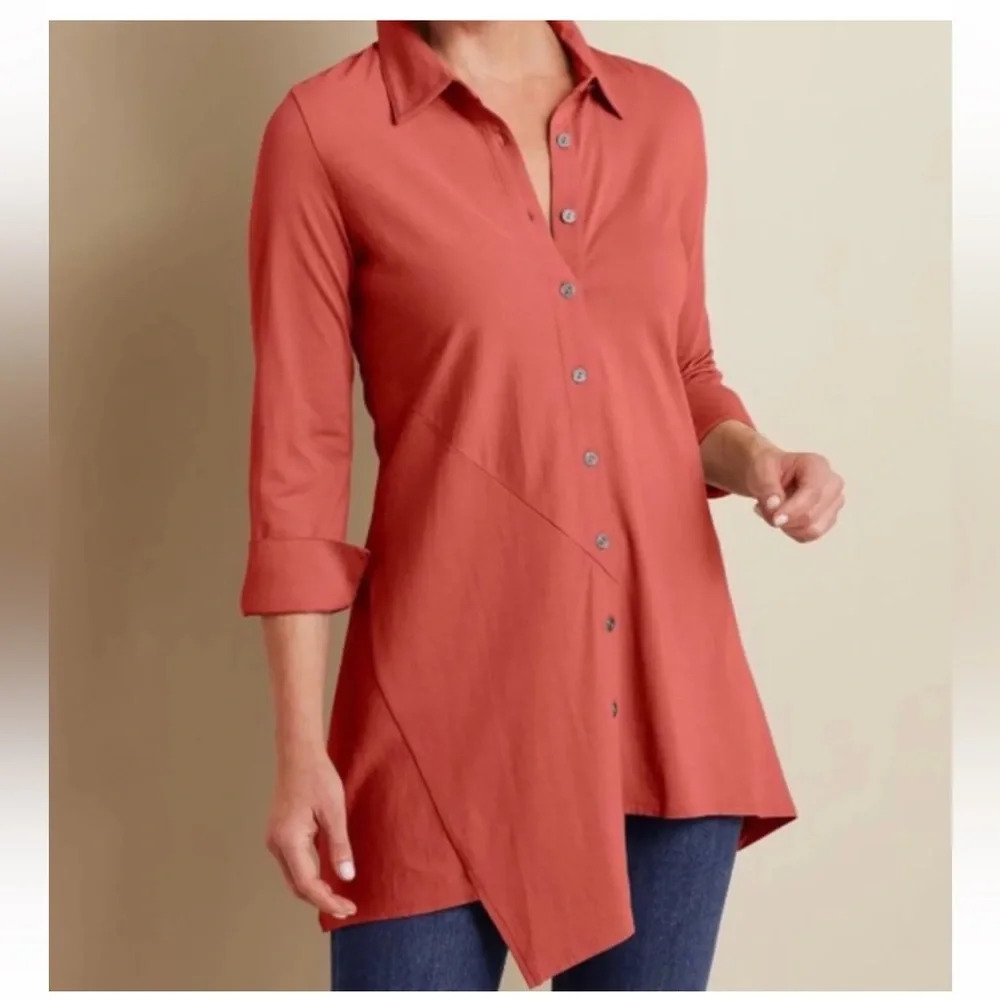 Soft Surroundings Coral Button Up Asymmetric Santa Barbara Tunic Top Medium